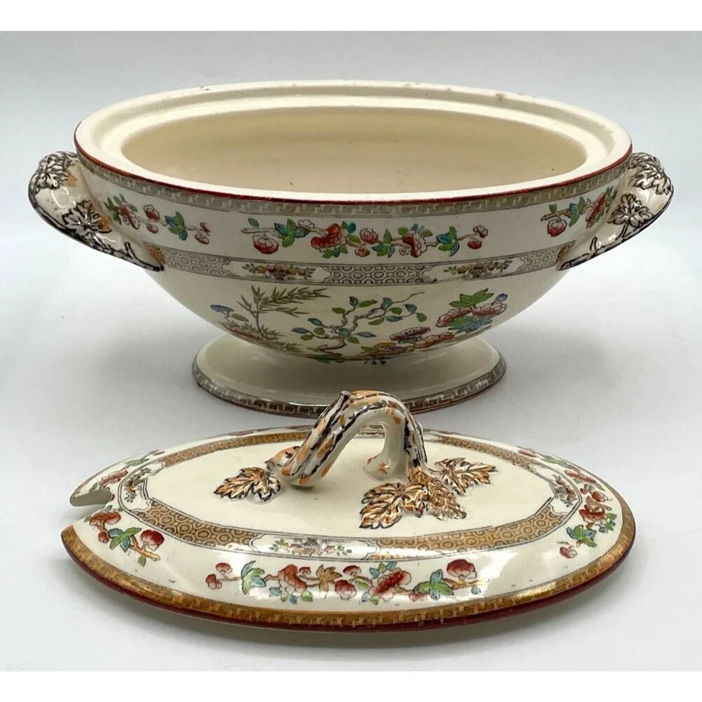 Rare Antique Copeland Indian Tree Tureen w/ Handles Spoon Notch 8x5x4